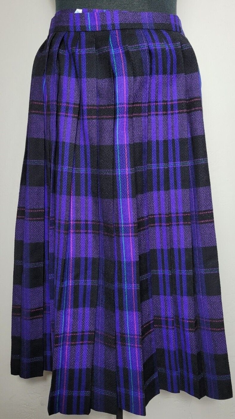 Vintage Evan Picone Plaid Striped Purple Wool Skirt Size 34
